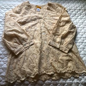 NWOT RUBY RD EYELET CREAM BEAUTIFUL BUTTON UP LONG SLEEVE BLOUSE
